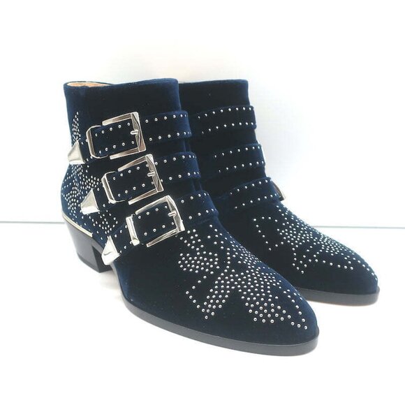 Chloe Susanna Studded Velvet Ankle Boots Navy Size 35.5 Buckle Booties NEW - Picture 2 of 11